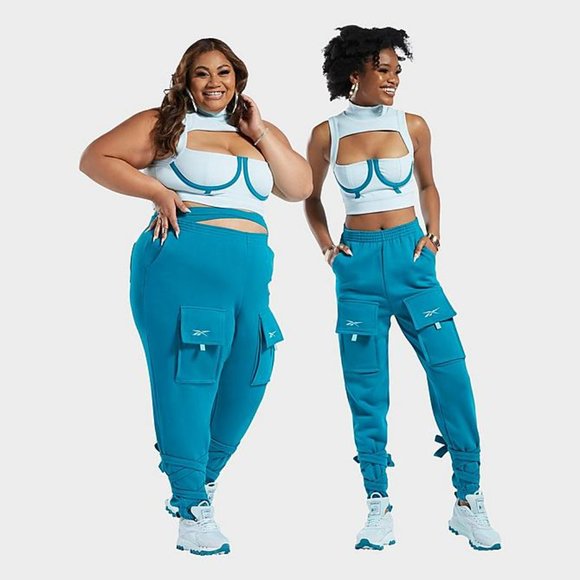 Cardi B x Reebok Ribbed Women's High Neck Underwire Crop Top with Cutout Blue S - Picture 5 of 5